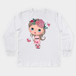 Cute little girl princess in pink dress. Kids Long Sleeve T-Shirt